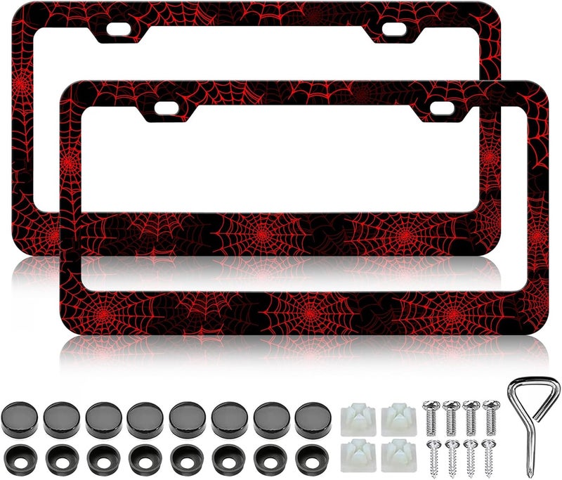 LIN KANG 2Pcs Red Spider Web License Plate Frames Novelty Personalized Gothic Stainless Steel License Plate Holder Rust-Proof Waterproof Car Decorative Tag Frames for Standard US 12x6 Inch - Image 1